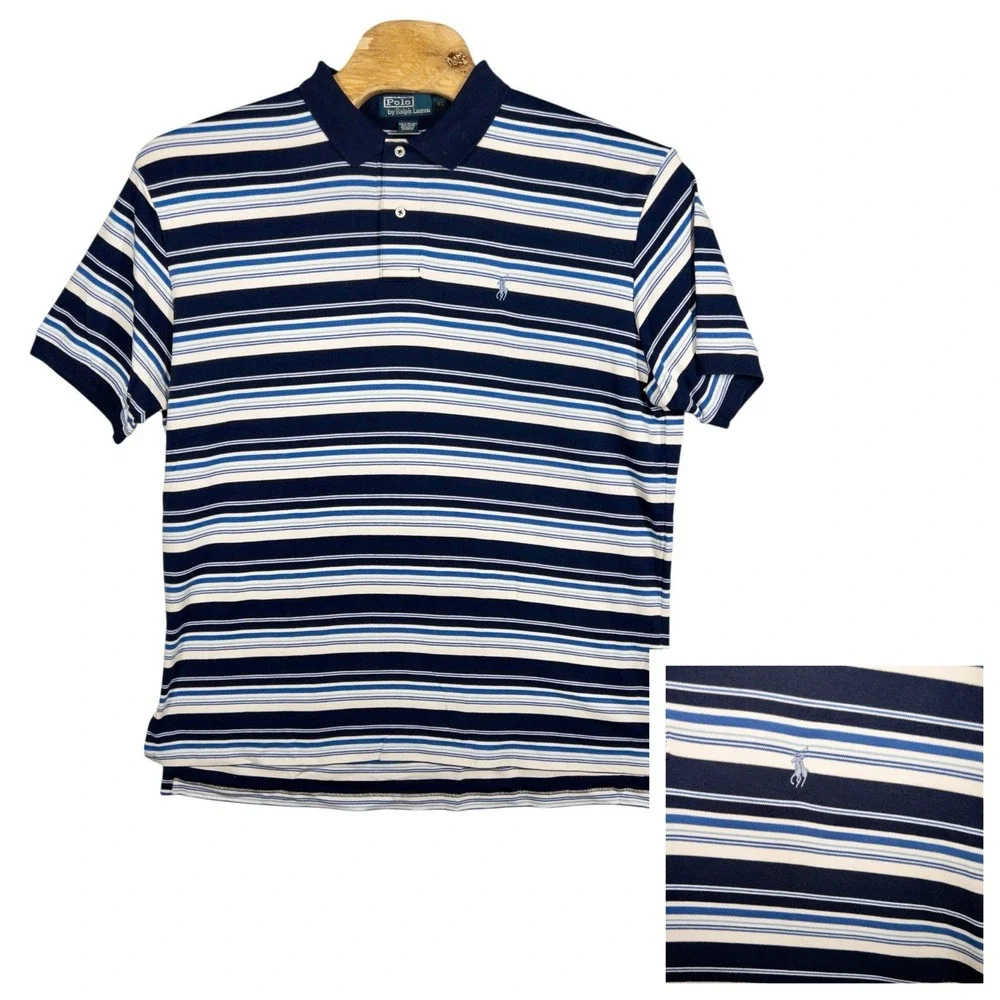 Polo Ralph Lauren Polo Shirt XL Blue White Stripe Pony Casual Preppy Office Mens